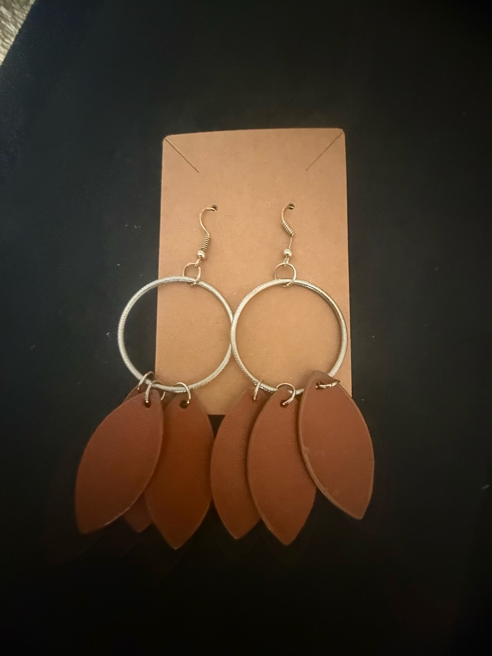 Leather Leaf Hoop Earrings in Brown - Women's Jewelry